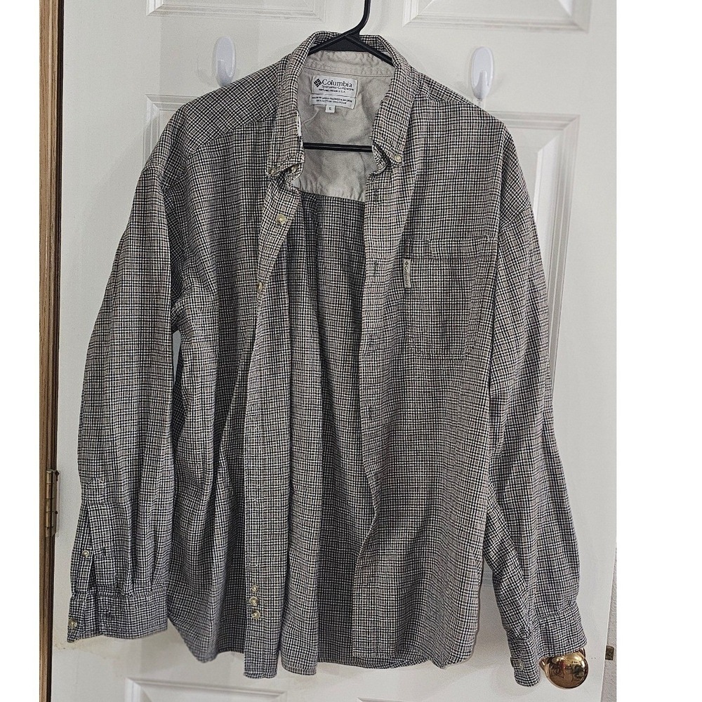 Columbia Mens Long Sleeve Button‎ Down Shirt Tan Black Micro Plaid Large L